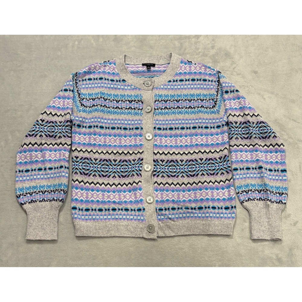 Talbots Womens Crewneck Cardigan Sweater Fair Isle Merino Wool Blend Petite Cozy
